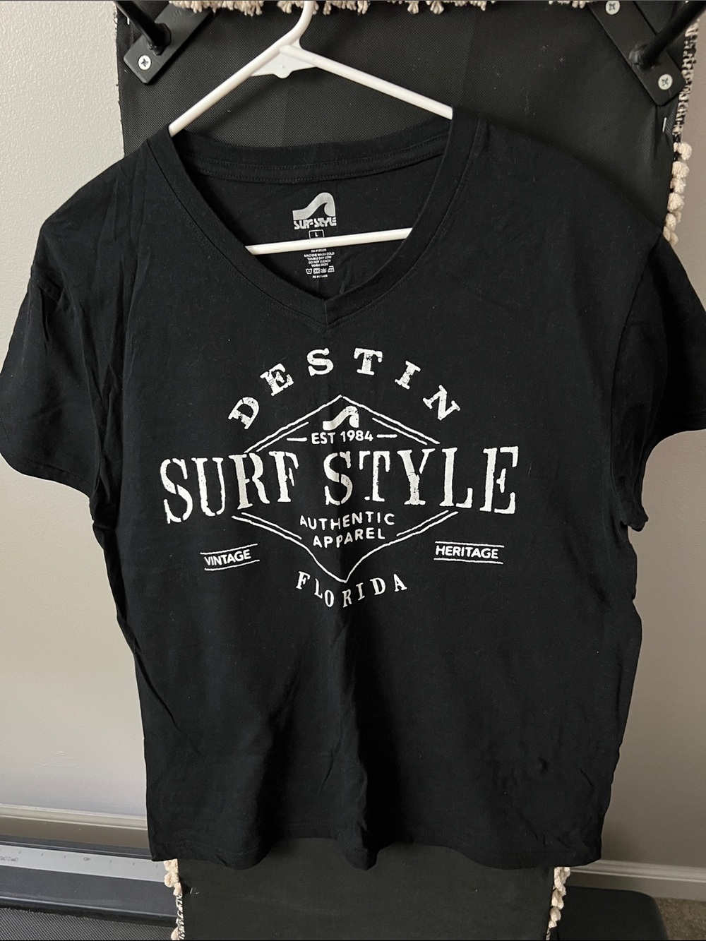surf style Black V-Neck Tee with White Destin Graphic